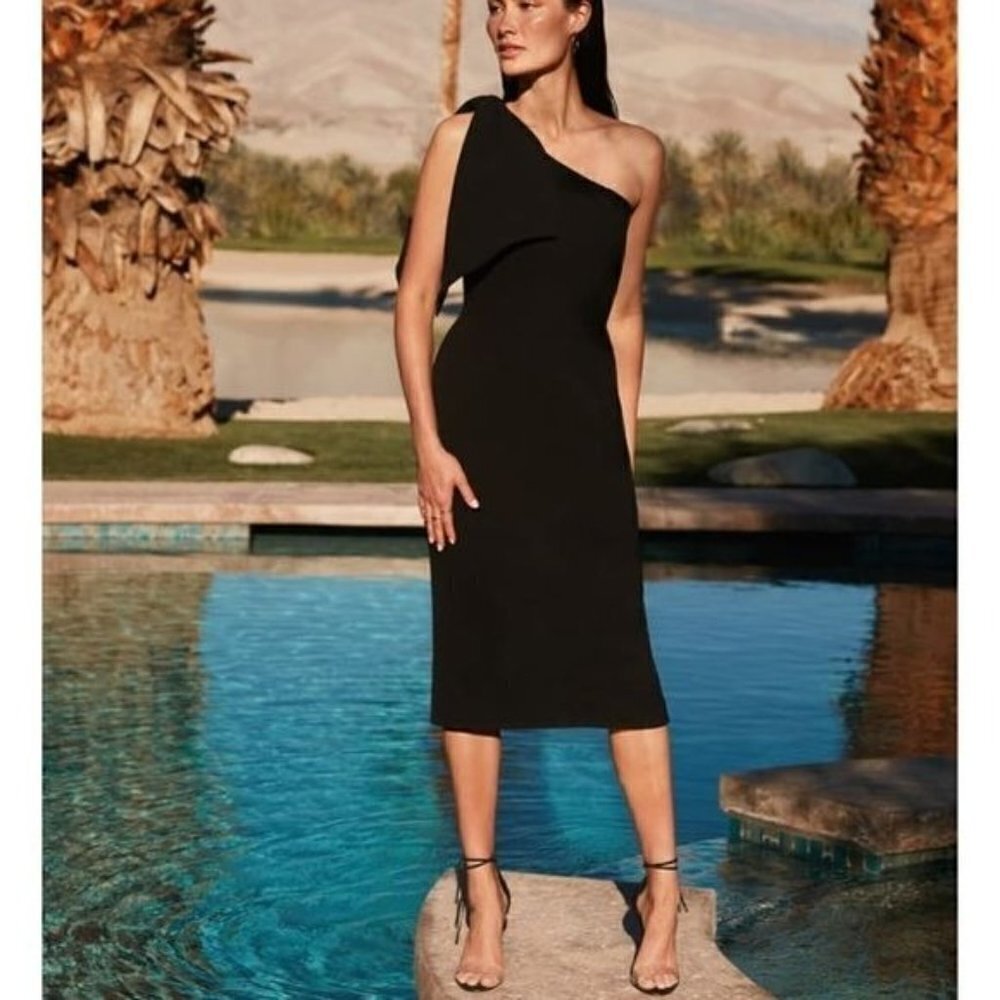 DRESS THE POPULATION Tiffany One Shoulder Midi Dress Black Bow Size 2XL